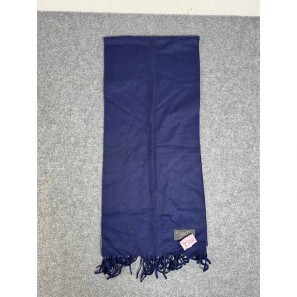 Christian Dior Cashmaire Scarf Navy Blue Solid Acrylic Fringe Mens RN 15200‎